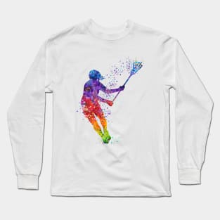 Lacrosse Girl Player Watercolor Silhouette Painting Long Sleeve T-Shirt